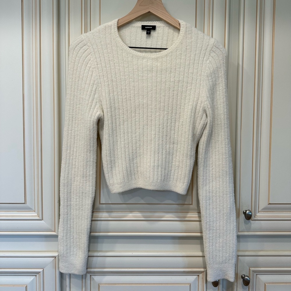 Express Cream Ribbed Crewneck Sweater